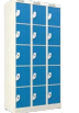 LOCKER TRES CUERPOS CON 15 CASILLEROS CERRADURA PARA CANDADO O LLAVE PUERTAS EN COLOR: ELIGE EL COLOR PIES ALTOS EN ACERO INOXIDABLE
